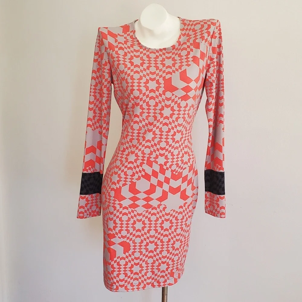 Preen by Thornton Bregazzi Dress Orange Printed Jersey Knit Long Sleeve‎ Bodycon